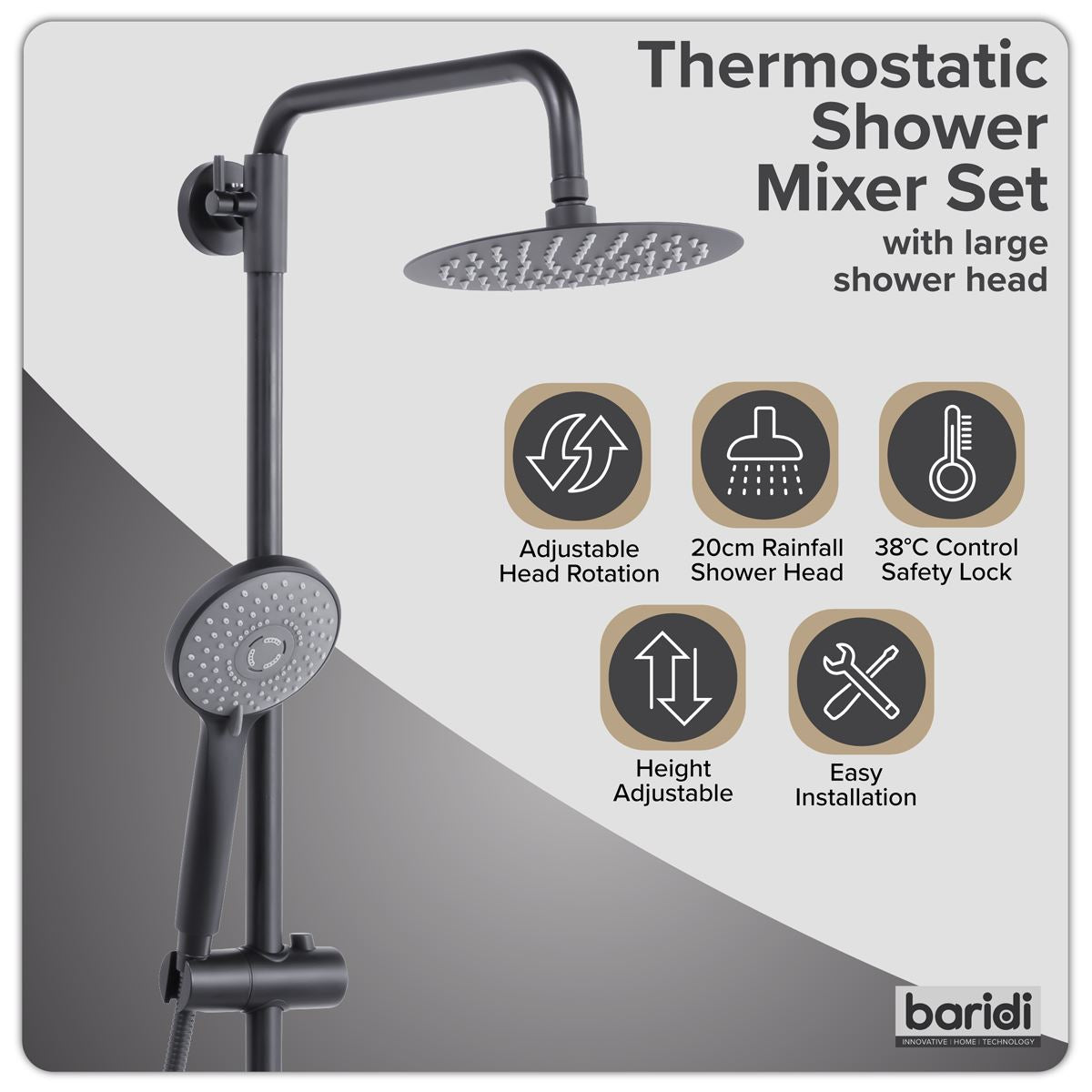 Sealey Thermostatic Shower Mixer Set, 20cm Round Head, Adjustable Rail - Black DH315