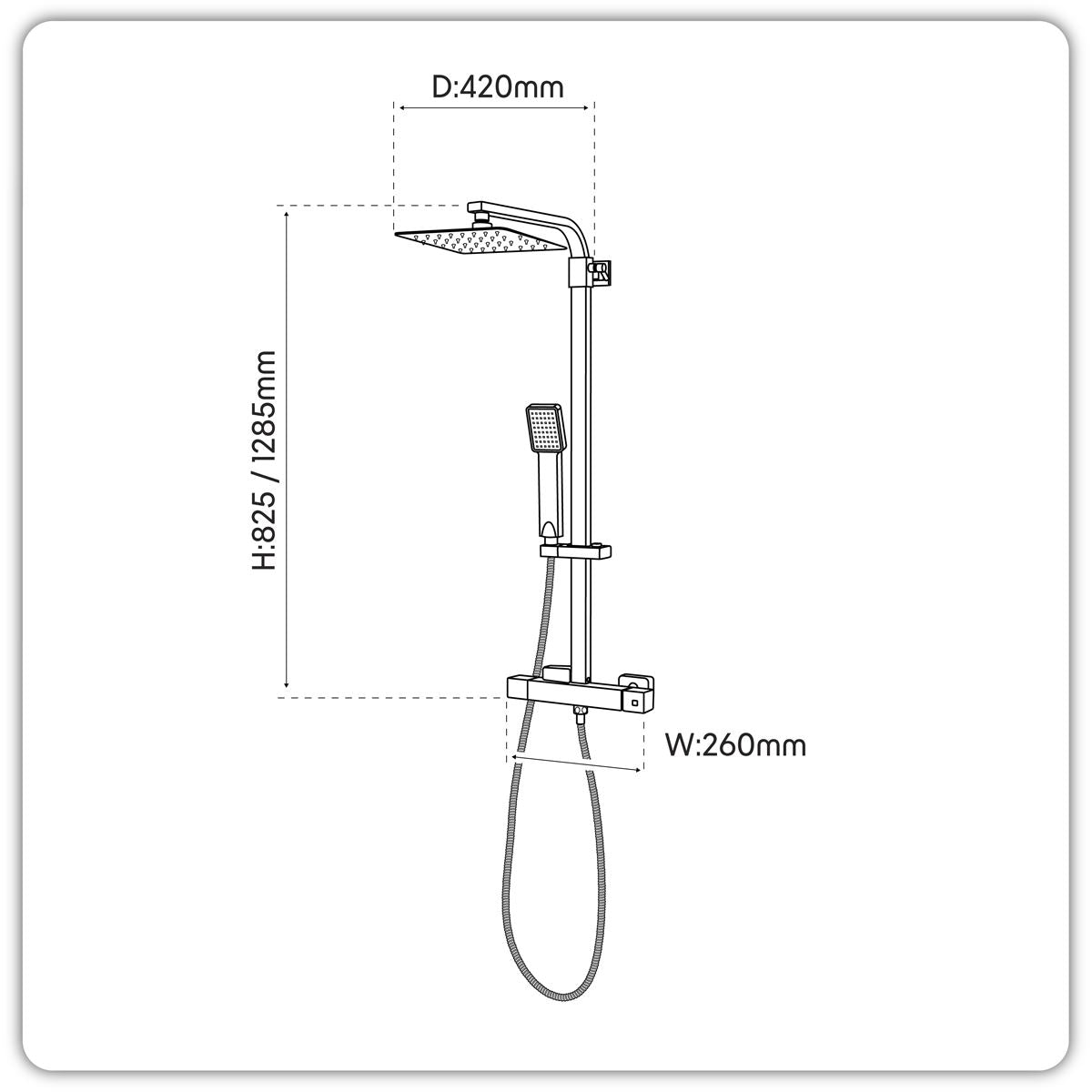 Sealey Thermostatic Shower Mixer Set, 20x20cm Square Head, Adjustable Rail - Chrome DH316