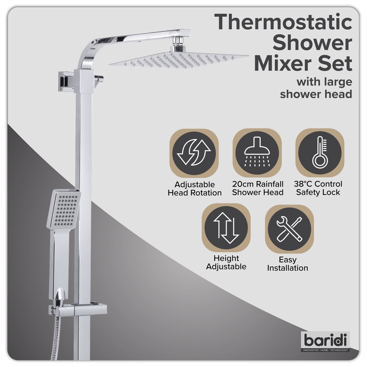Sealey Thermostatic Shower Mixer Set, 20x20cm Square Head, Adjustable Rail - Chrome DH316