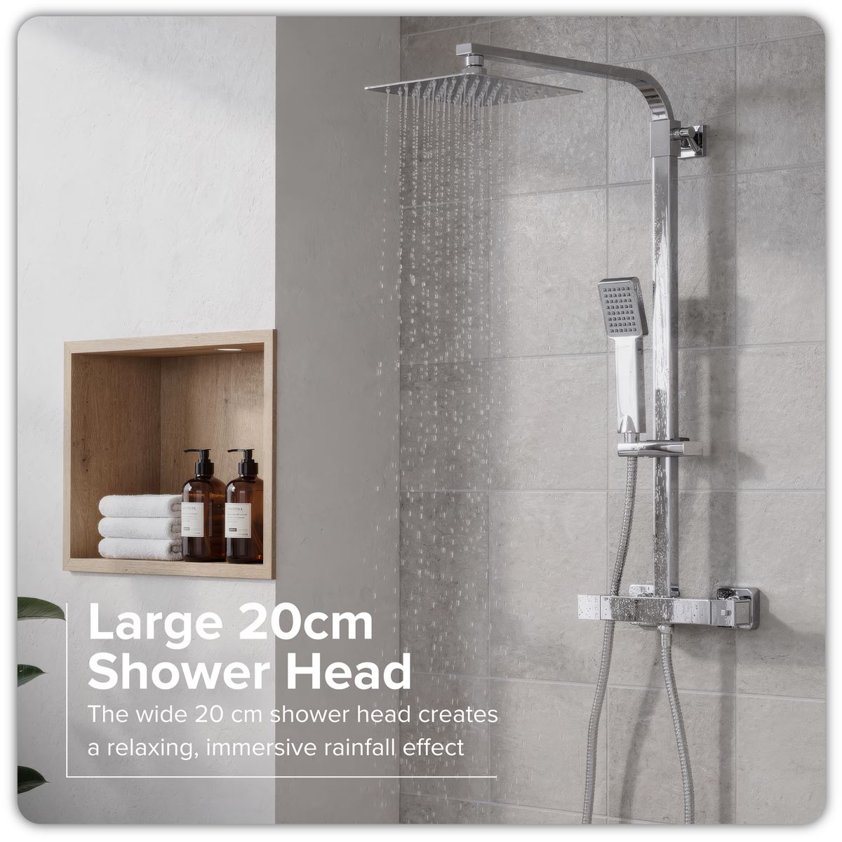Sealey Thermostatic Shower Mixer Set, 20x20cm Square Head, Adjustable Rail - Chrome DH316