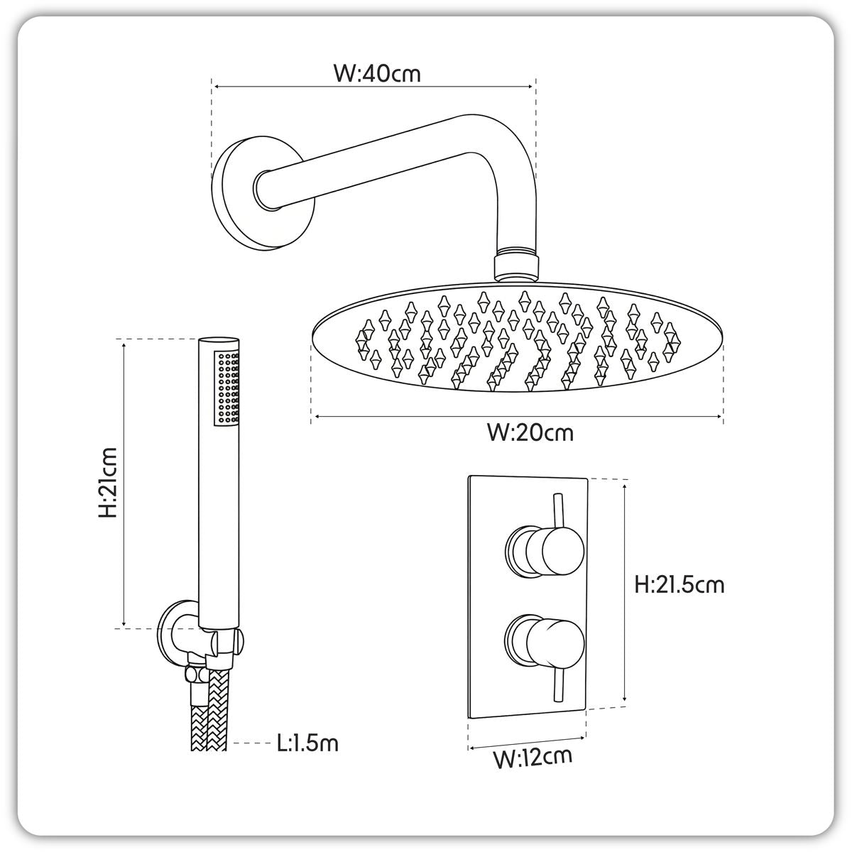 Sealey Concealed Thermostatic Shower Set 20cm Round Head & Hand Shower - Chrome DH318