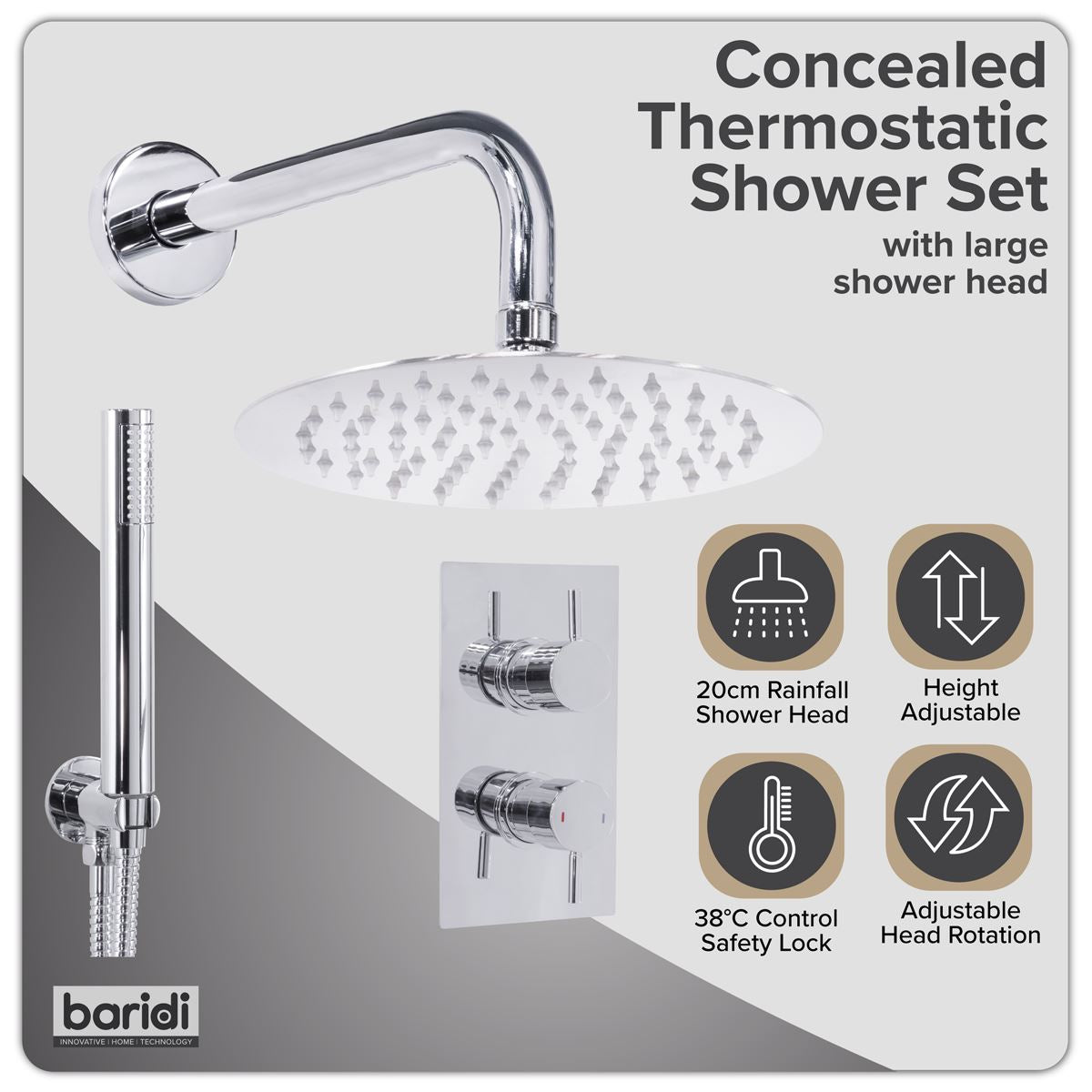 Sealey Concealed Thermostatic Shower Set 20cm Round Head & Hand Shower - Chrome DH318