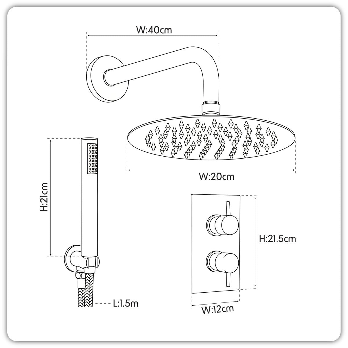 Sealey Concealed Thermostatic Shower Set, 20cm Round Head & Hand Shower - Black DH319