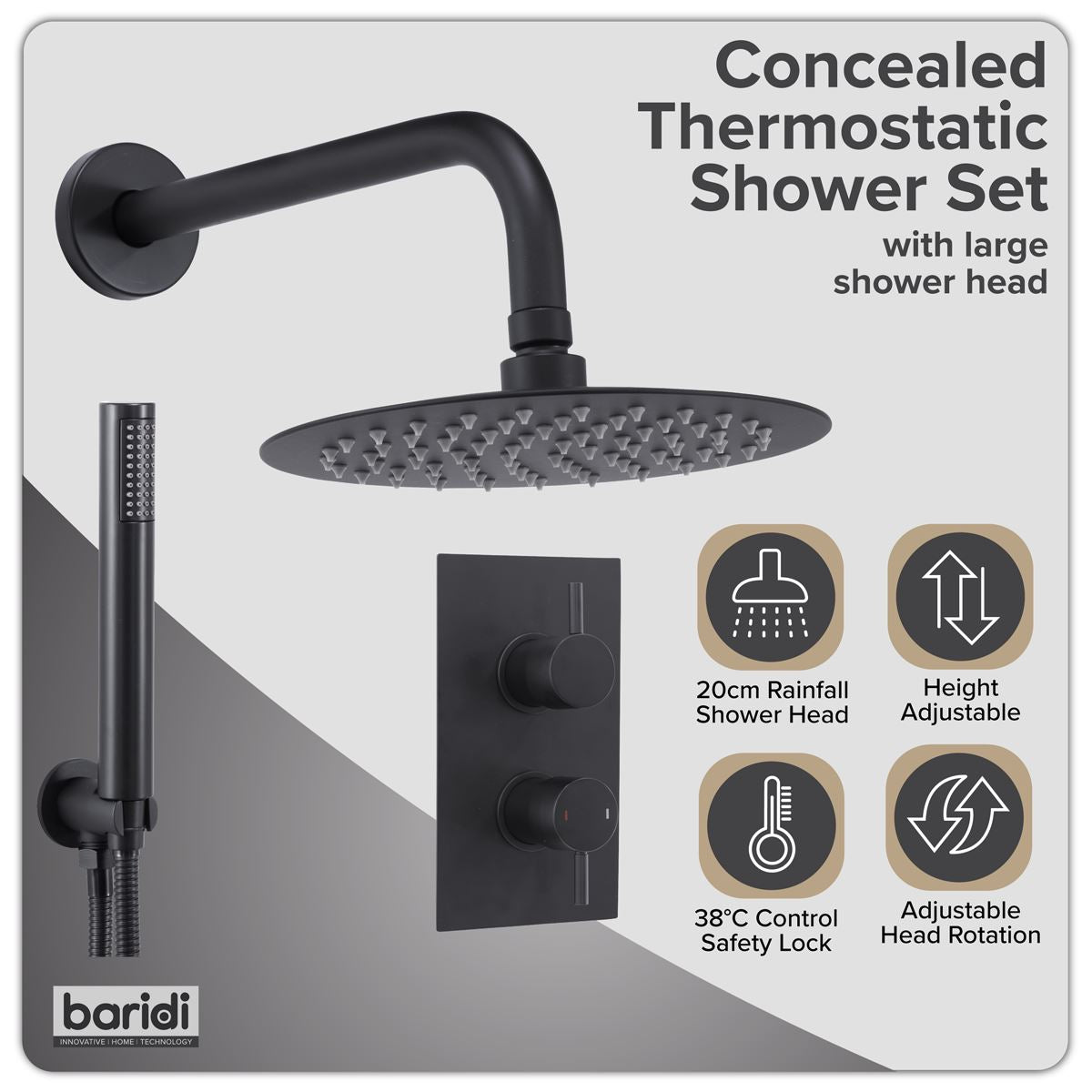 Sealey Concealed Thermostatic Shower Set, 20cm Round Head & Hand Shower - Black DH319