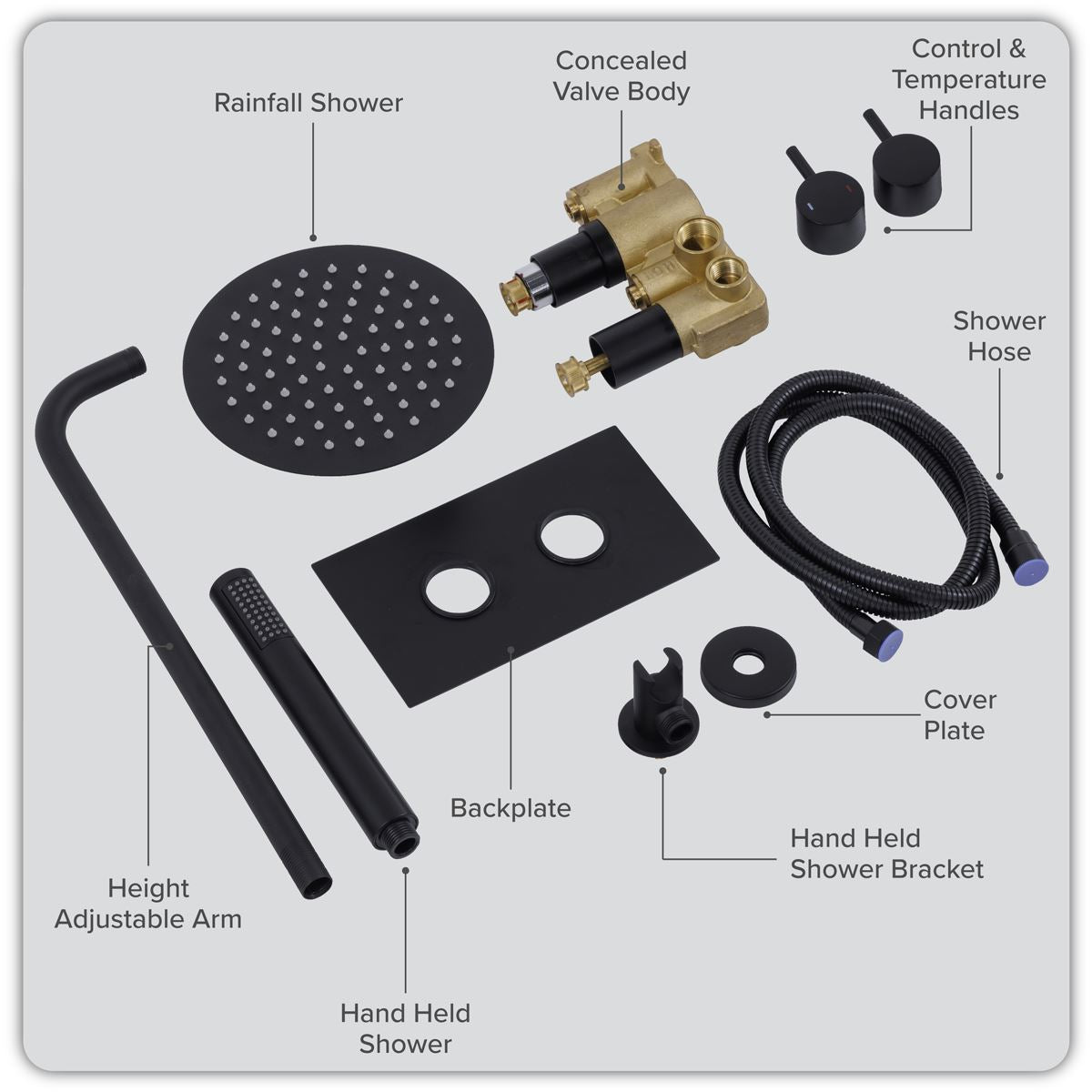 Sealey Concealed Thermostatic Shower Set, 20cm Round Head & Hand Shower - Black DH319