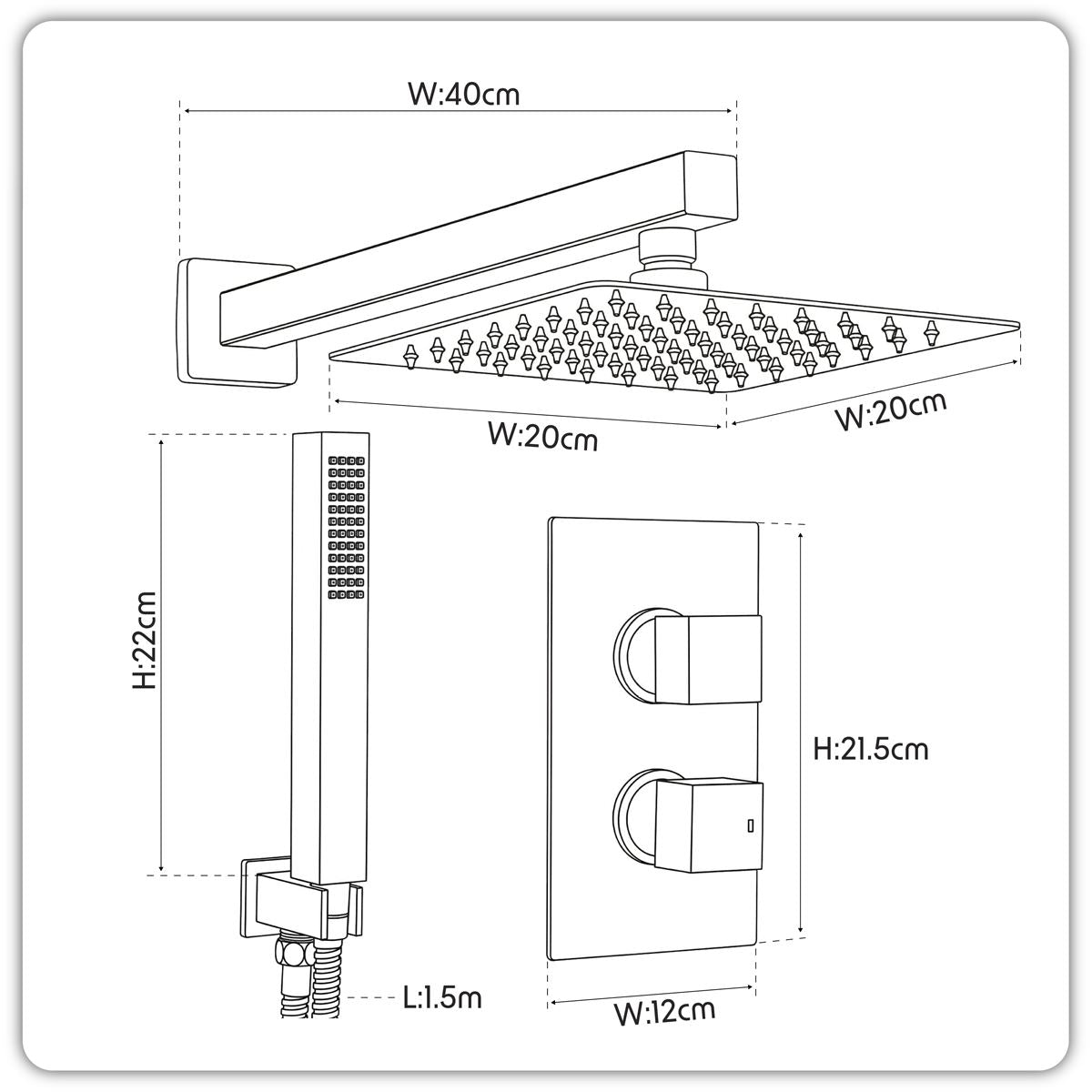 Sealey Concealed Thermostatic Shower Set 20 x 20cm Square Head & Hand Shower - Chrome DH320