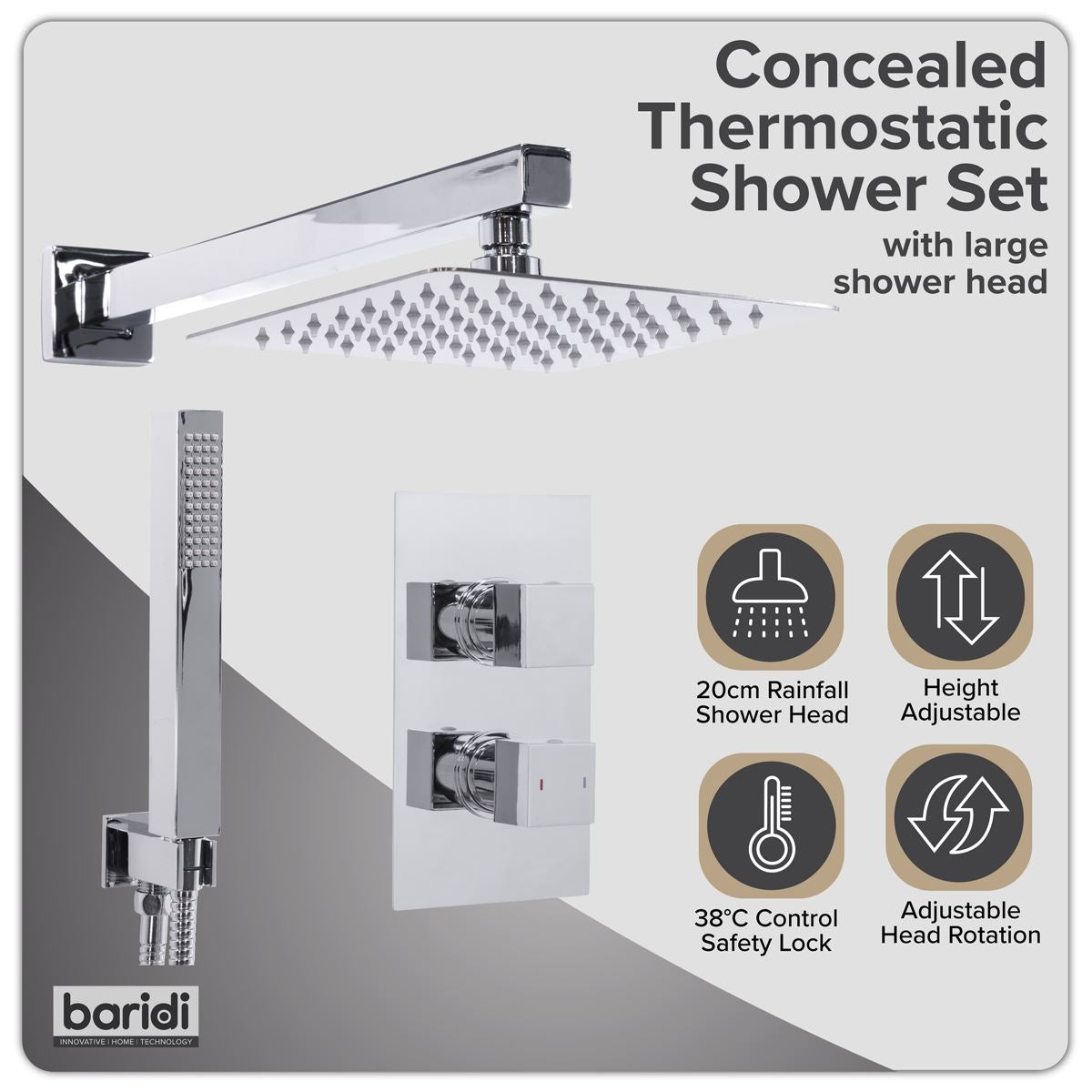 Sealey Concealed Thermostatic Shower Set 20 x 20cm Square Head & Hand Shower - Chrome DH320