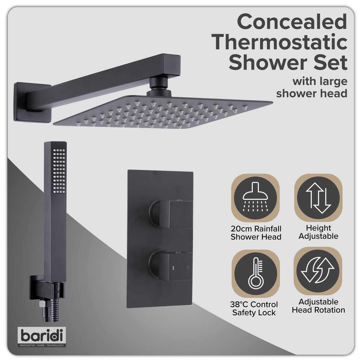 Sealey Concealed Thermostatic Shower Set 20 x 20cm Square Head & Hand Shower - Black DH321