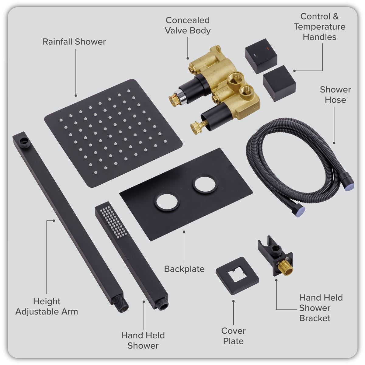 Sealey Concealed Thermostatic Shower Set 20 x 20cm Square Head & Hand Shower - Black DH321