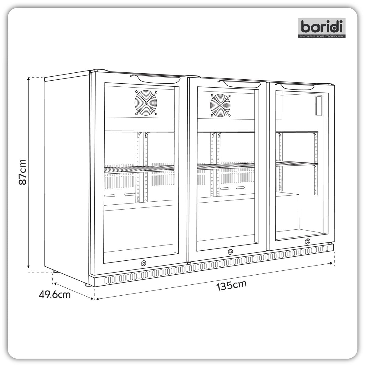 Sealey Baridi Hinged Triple Door, Back Bar Drinks Fridge/Cooler, 307L Capacity DH336