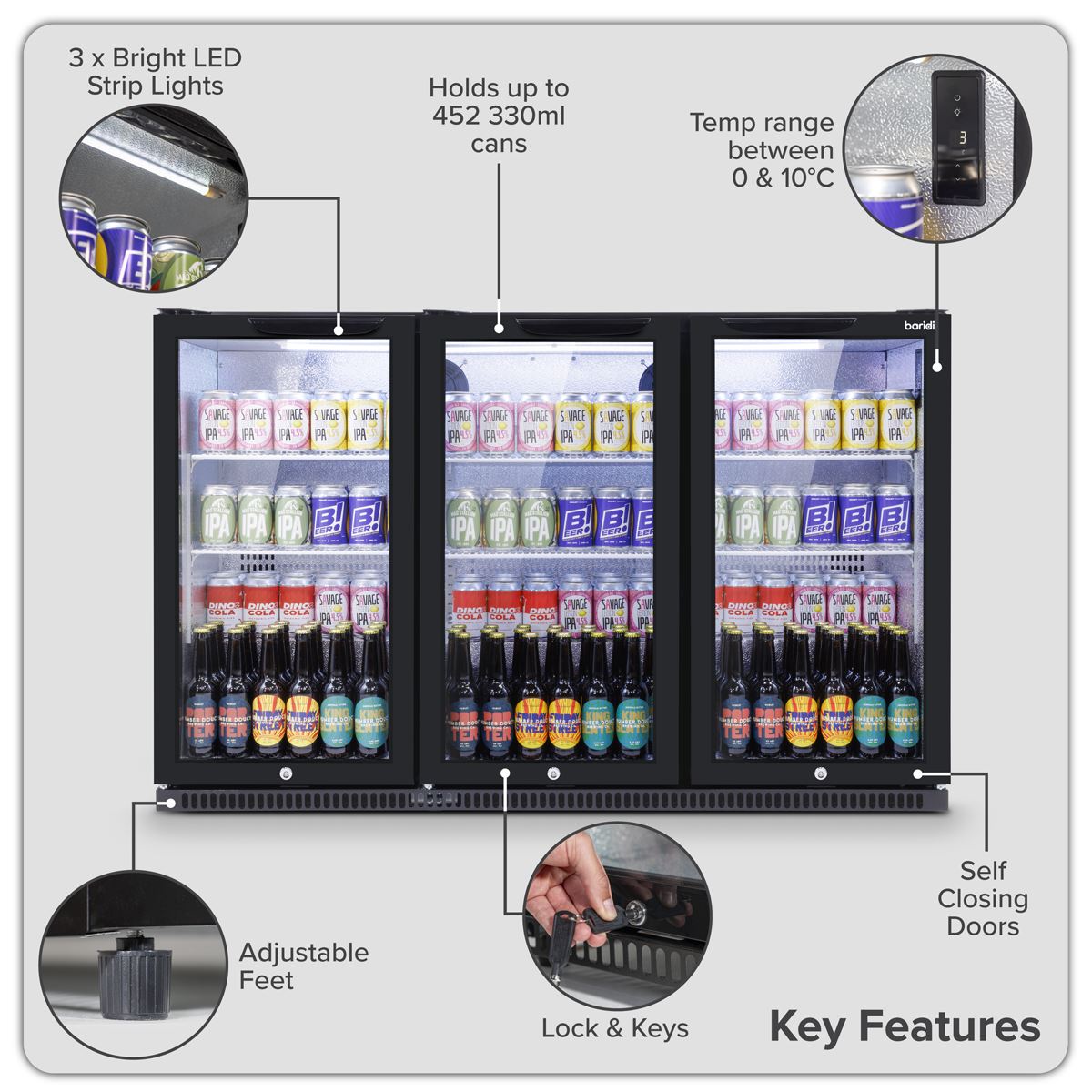 Sealey Baridi Hinged Triple Door, Back Bar Drinks Fridge/Cooler, 307L Capacity DH336