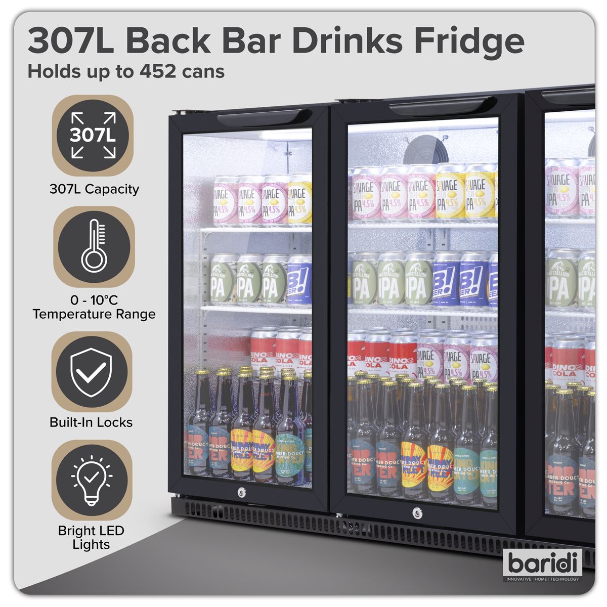 Sealey Baridi Hinged Triple Door, Back Bar Drinks Fridge/Cooler, 307L Capacity DH336