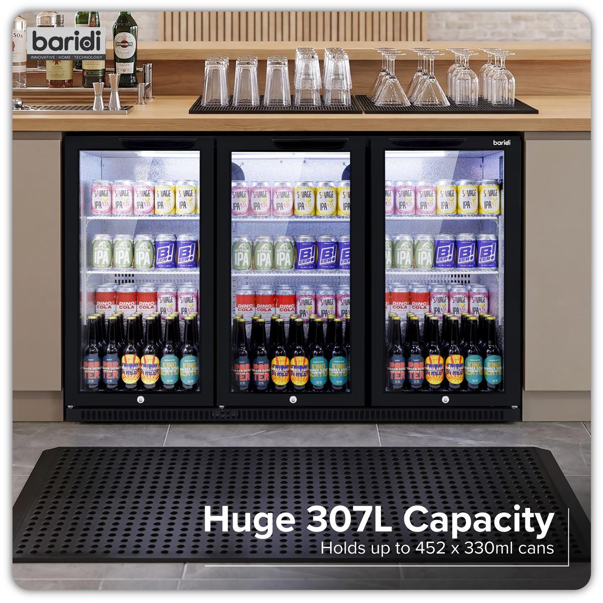 Sealey Baridi Hinged Triple Door, Back Bar Drinks Fridge/Cooler, 307L Capacity DH336