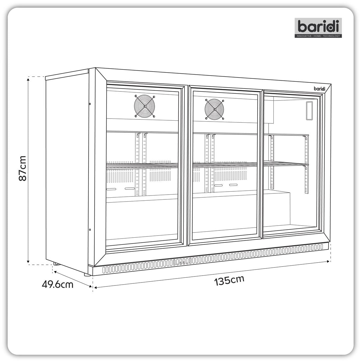 Sealey Baridi Sliding Triple Door, Back Bar Drinks Fridge/Cooler, 307L Capacity DH337