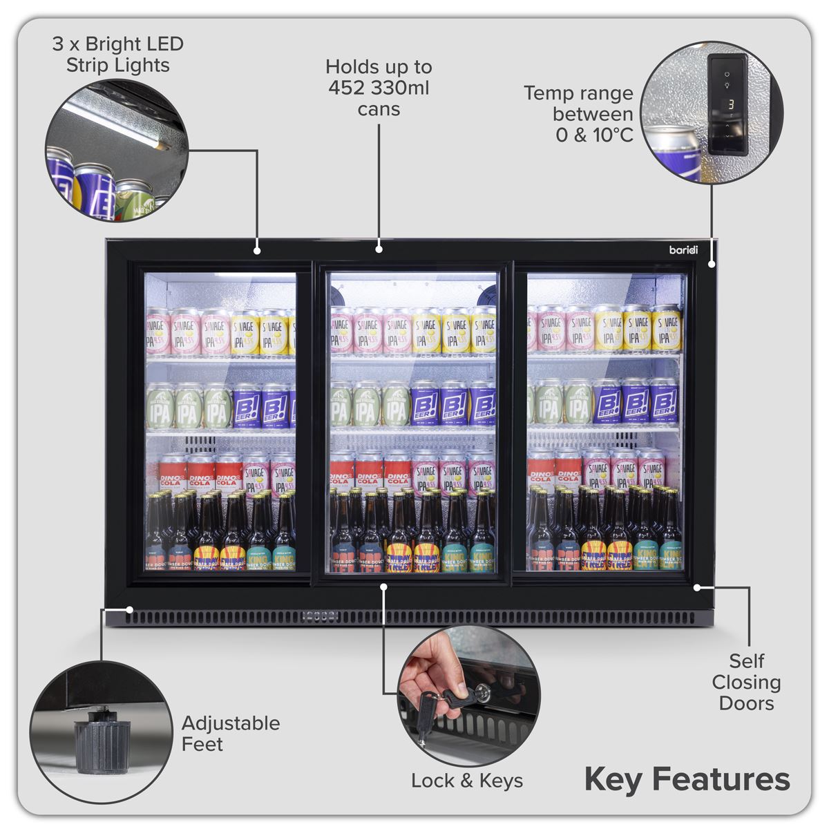 Sealey Baridi Sliding Triple Door, Back Bar Drinks Fridge/Cooler, 307L Capacity DH337