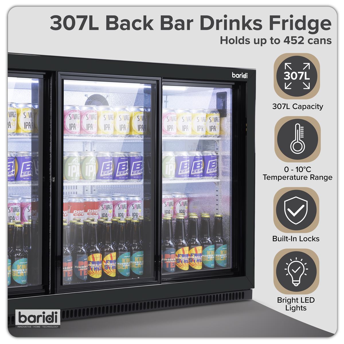 Sealey Baridi Sliding Triple Door, Back Bar Drinks Fridge/Cooler, 307L Capacity DH337
