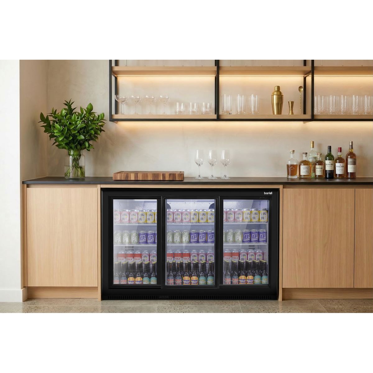 Sealey Baridi Sliding Triple Door, Back Bar Drinks Fridge/Cooler, 307L Capacity DH337