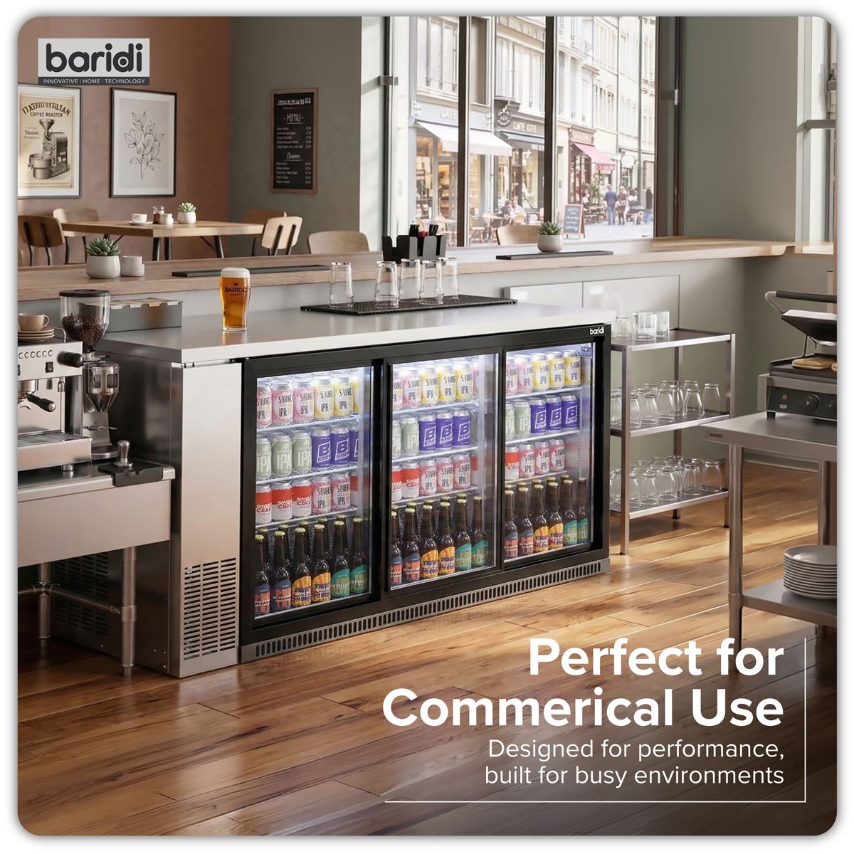Sealey Baridi Sliding Triple Door, Back Bar Drinks Fridge/Cooler, 307L Capacity DH337