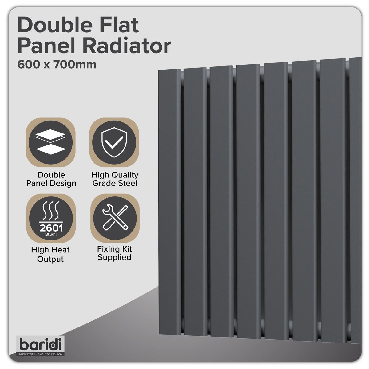 Baridi Horizontal Radiator Contemporary Double Flat 600x700mm Anthracite DH340