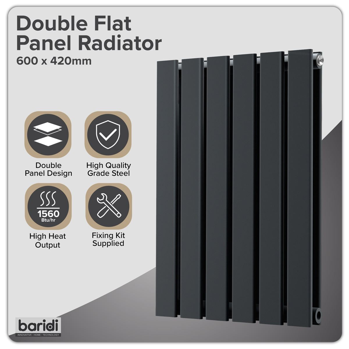 Baridi Horizontal Radiator Contemporary Double Flat Panel 600x420mm Black DH343
