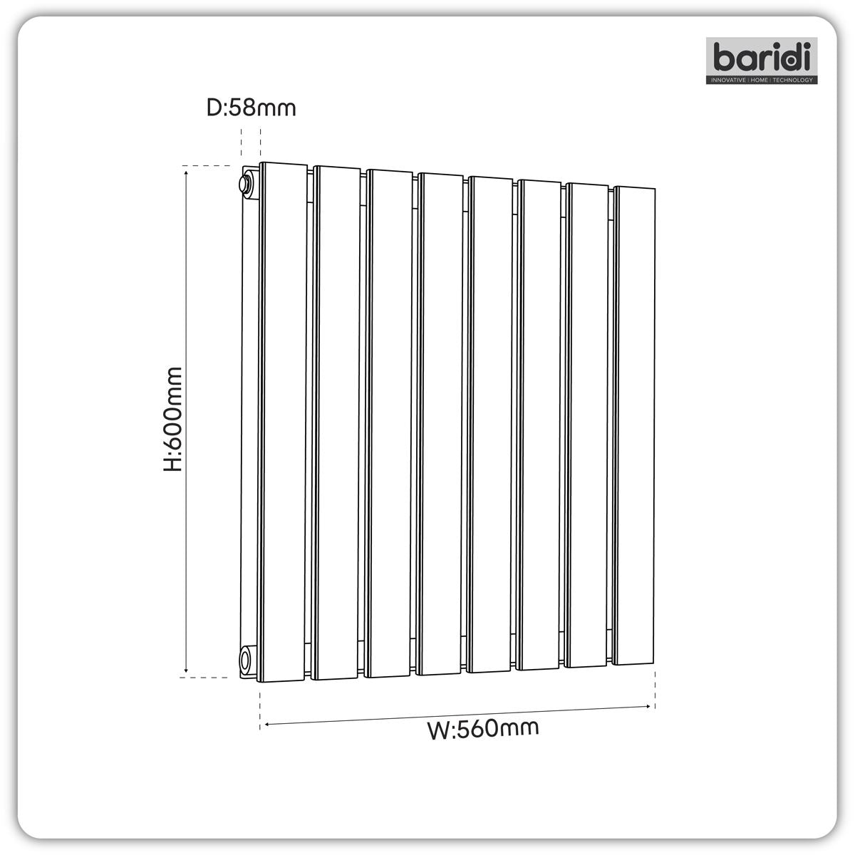 Baridi Horizontal Radiator Contemporary Double Flat Panel 600x560mm Black DH344