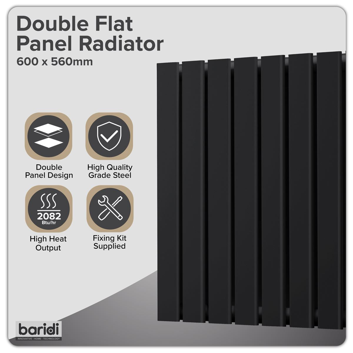 Baridi Horizontal Radiator Contemporary Double Flat Panel 600x560mm Black DH344