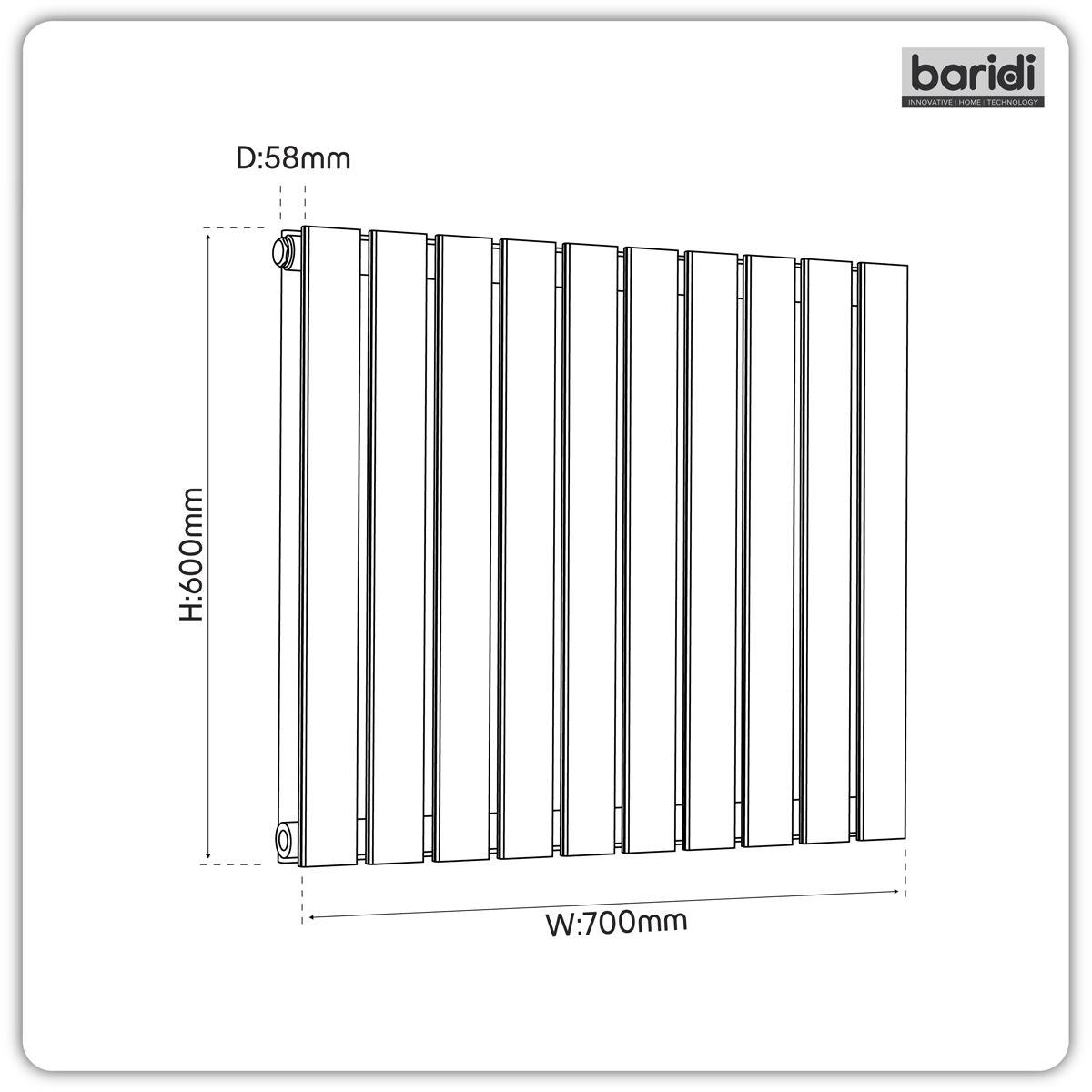 Baridi Horizontal Radiator Contemporary Double Flat Panel 600x700mm Black DH345