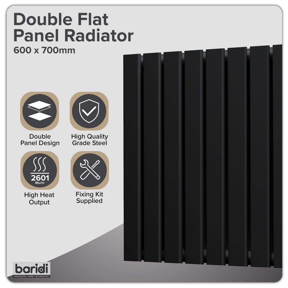 Baridi Horizontal Radiator Contemporary Double Flat Panel 600x700mm Black DH345