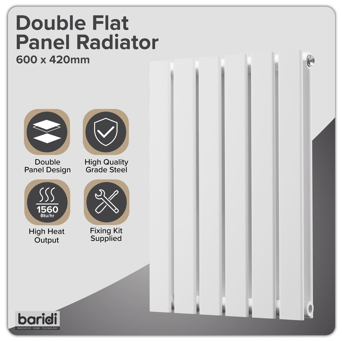 Baridi Horizontal Radiator Contemporary Double Flat Panel 600x420mm White DH348