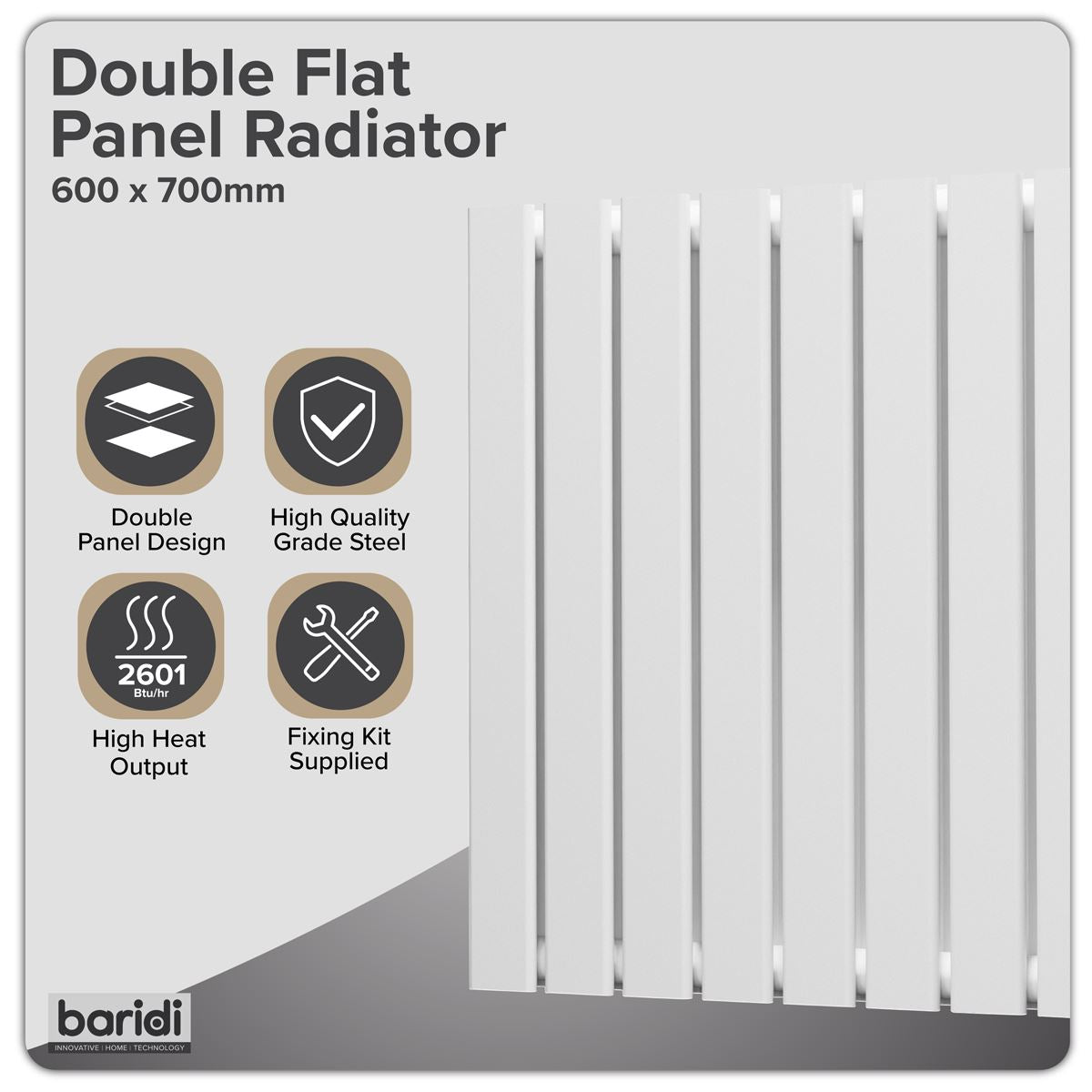 Baridi Horizontal Radiator Contemporary Double Flat Panel 600x700mm White DH350