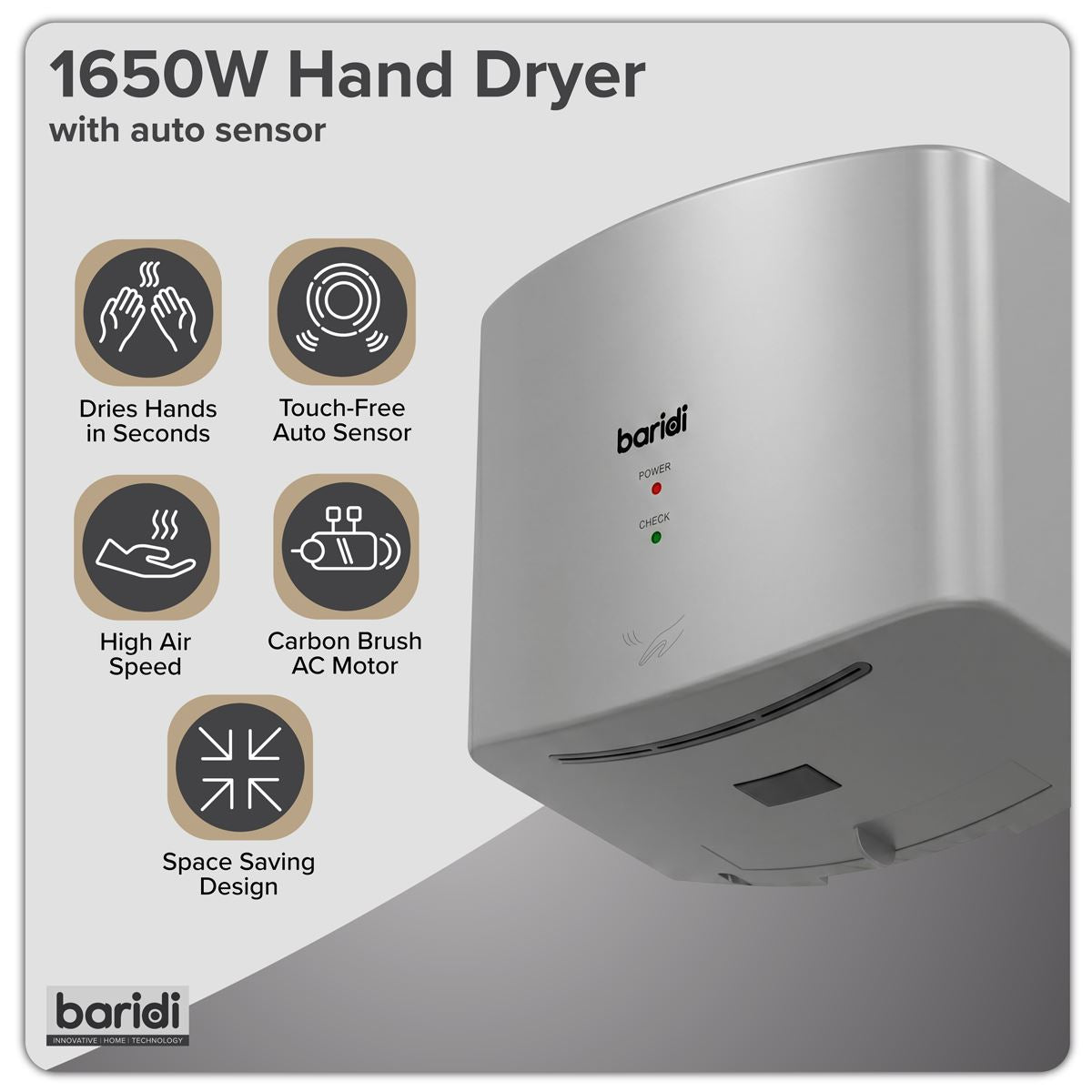 Sealey Baridi High Speed Hand Dryer with Auto-Sensor 1400-1650W - Silver DH379