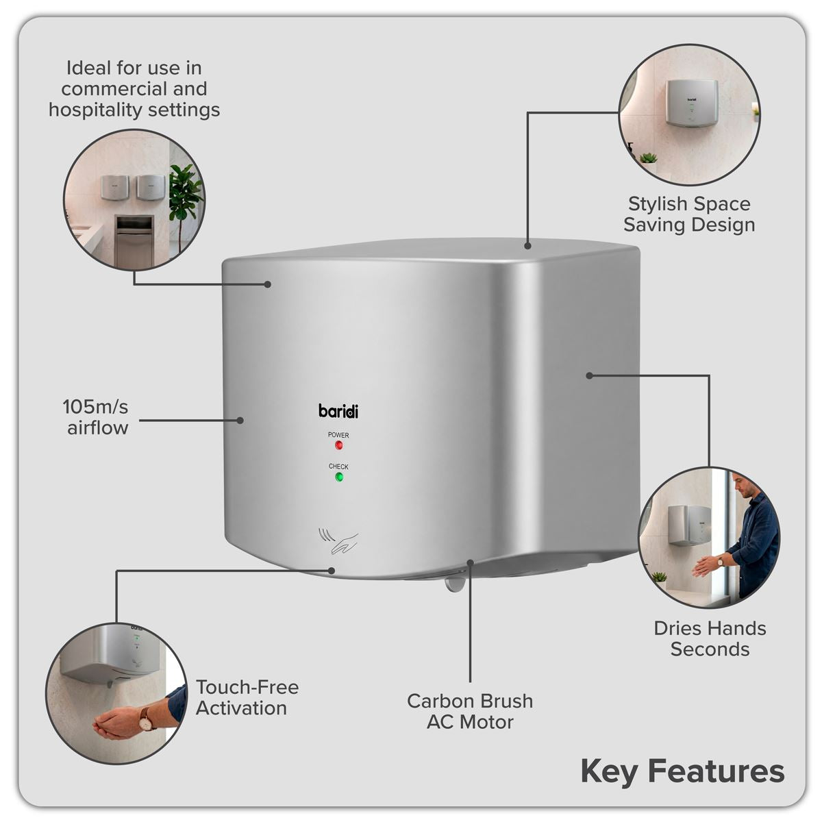 Sealey Baridi High Speed Hand Dryer with Auto-Sensor 1400-1650W - Silver DH379