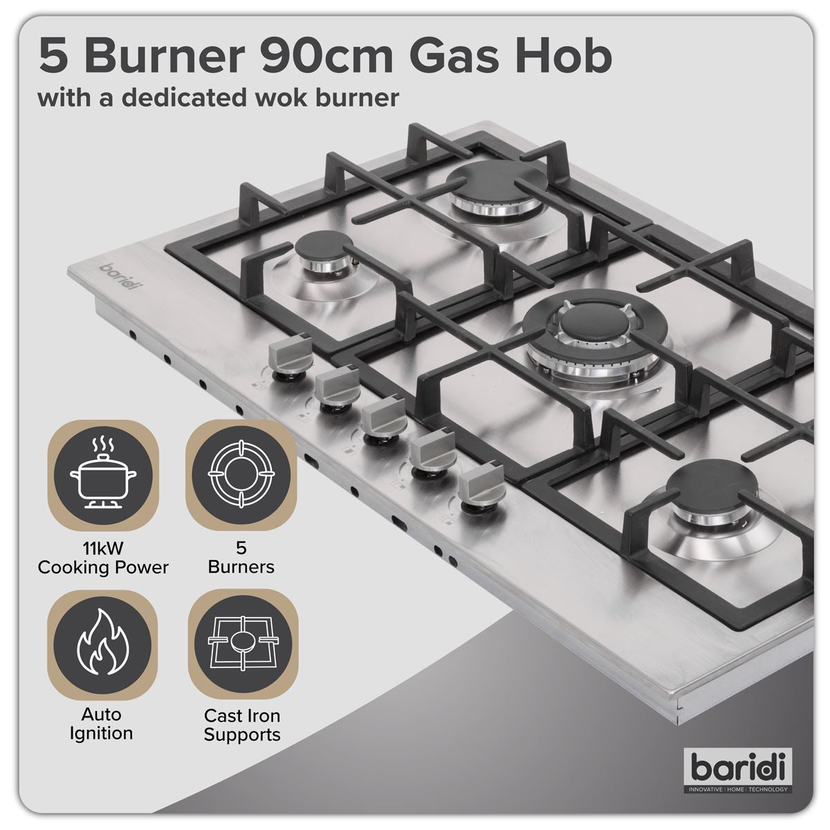 Sealey Baridi 90cm Gas Hob Stainless Steel with 5 Burners, Cast Iron Supports & Auto Ignition 11kW DH382