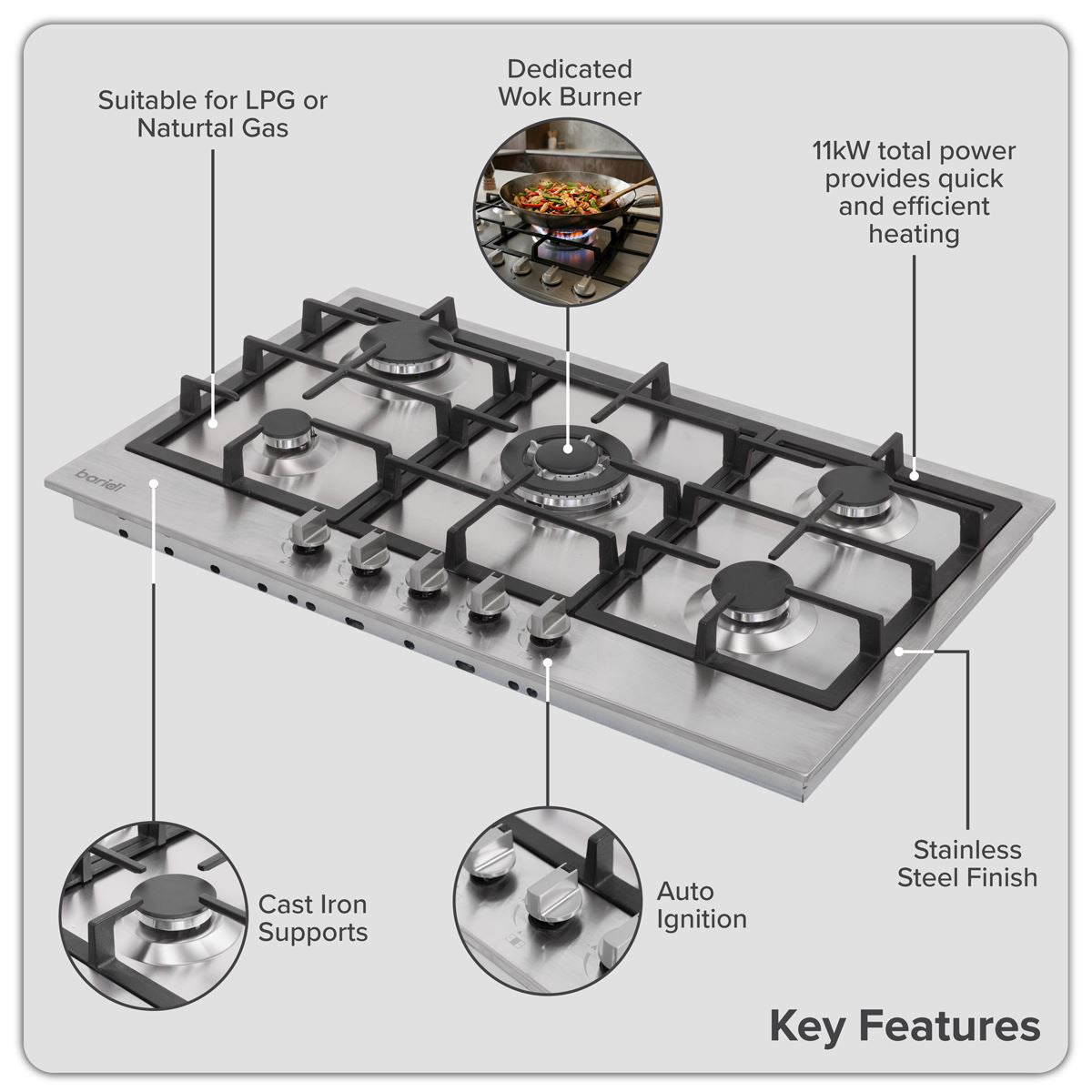 Sealey Baridi 90cm Gas Hob Stainless Steel with 5 Burners, Cast Iron Supports & Auto Ignition 11kW DH382