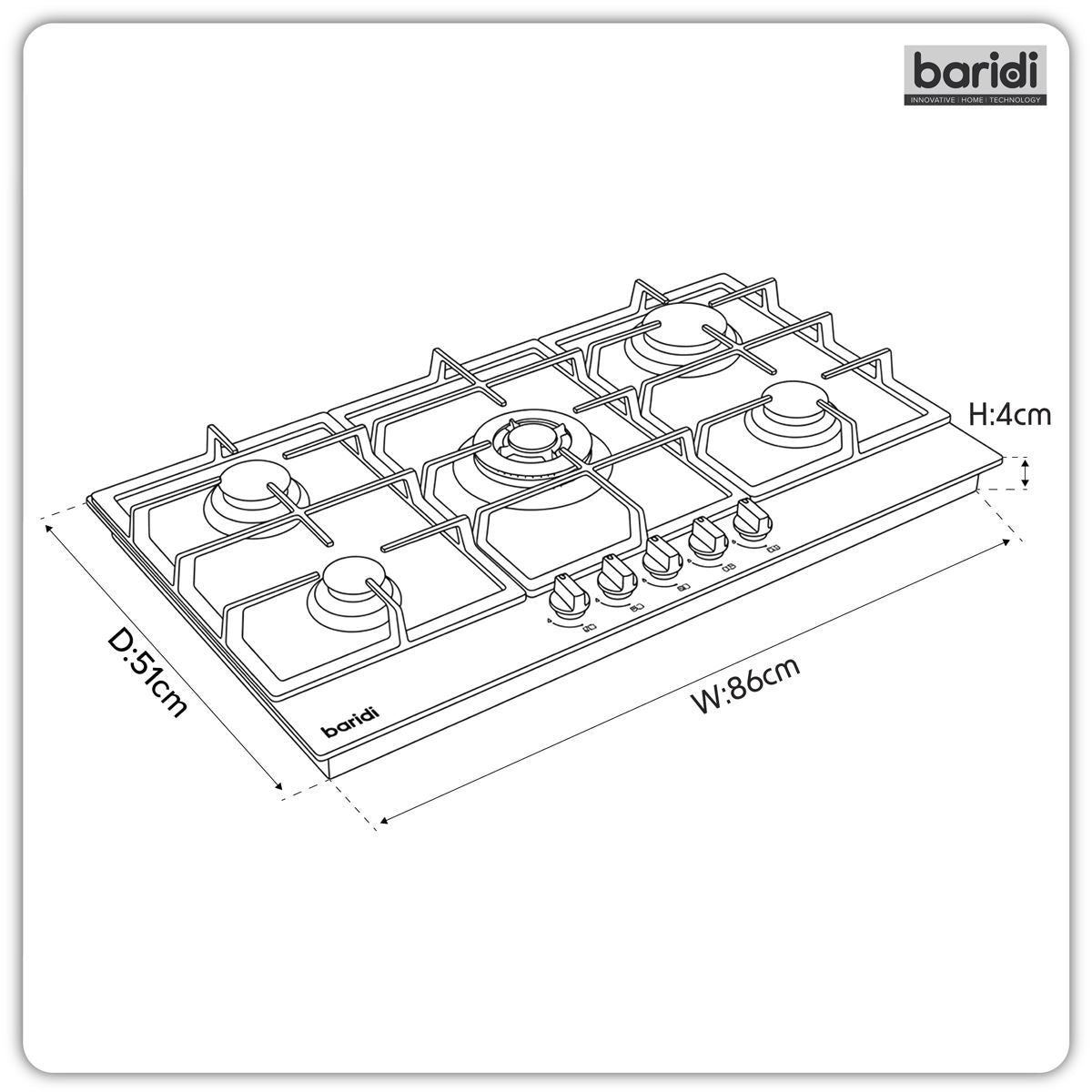 Sealey Baridi 90cm Gas Hob Black Glass with 5 Burners, Cast Iron Supports & Auto Ignition 11kW DH383
