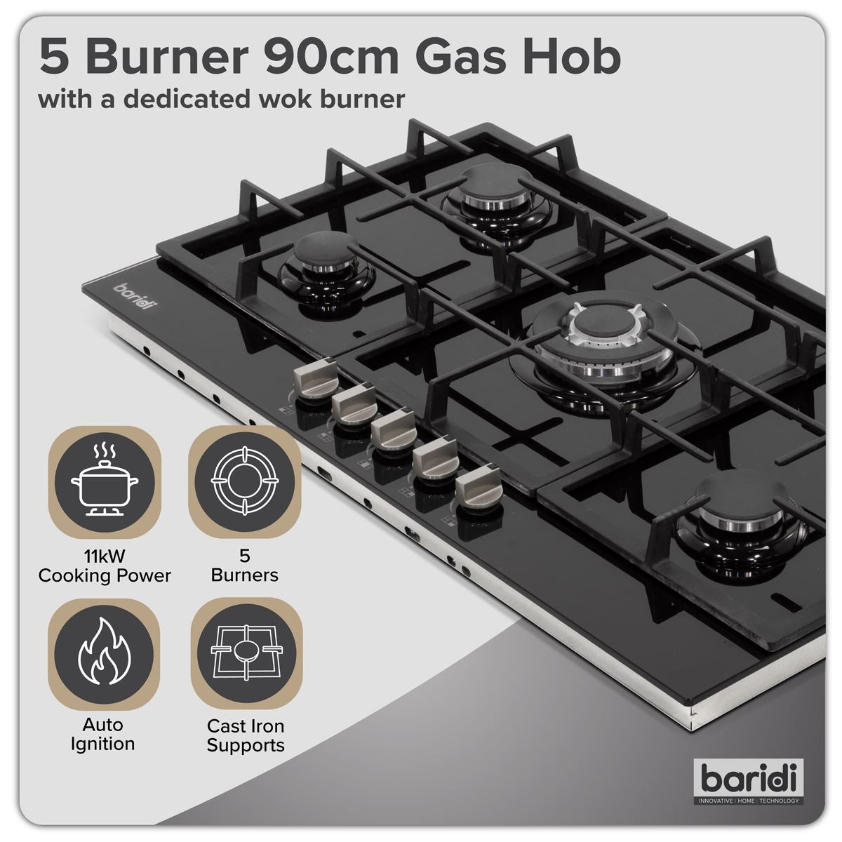 Sealey Baridi 90cm Gas Hob Black Glass with 5 Burners, Cast Iron Supports & Auto Ignition 11kW DH383