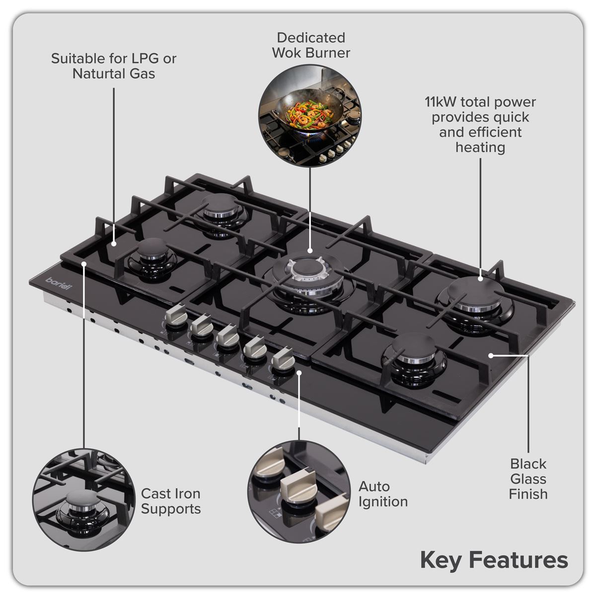Sealey Baridi 90cm Gas Hob Black Glass with 5 Burners, Cast Iron Supports & Auto Ignition 11kW DH383