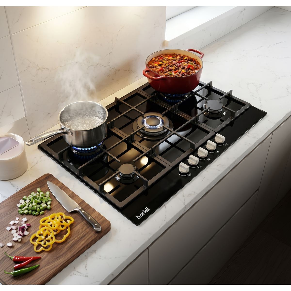 Sealey Baridi 90cm Gas Hob Black Glass with 5 Burners, Cast Iron Supports & Auto Ignition 11kW DH383