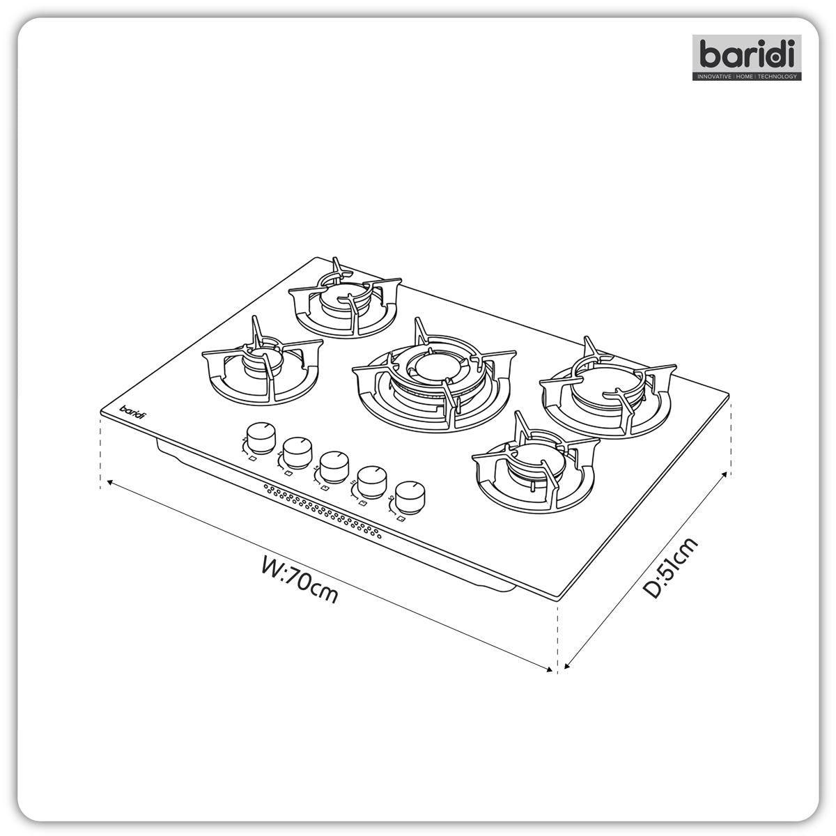 Sealey Baridi 70cm Gas Hob Matt Black with 5 Burners, Cast Iron Supports & Auto Ignition 10.4kW DH384