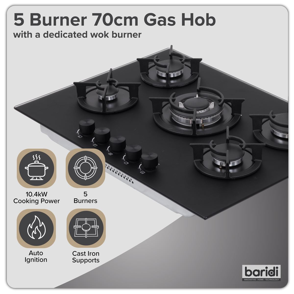 Sealey Baridi 70cm Gas Hob Matt Black with 5 Burners, Cast Iron Supports & Auto Ignition 10.4kW DH384