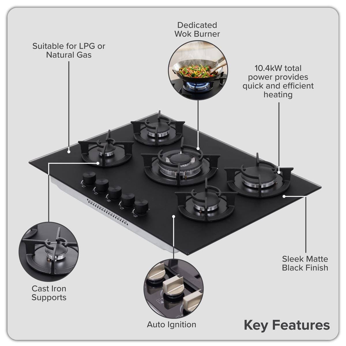 Sealey Baridi 70cm Gas Hob Matt Black with 5 Burners, Cast Iron Supports & Auto Ignition 10.4kW DH384