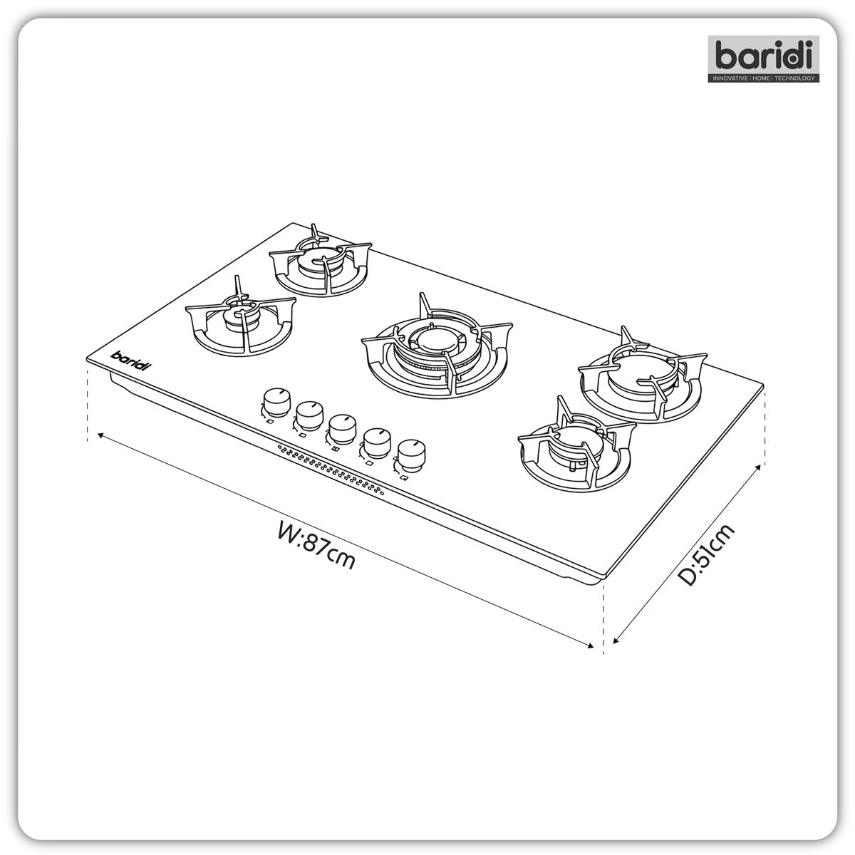 Sealey Baridi 90cm Gas Hob Matt Black 5 Burners Cast Iron Supports & Auto Ignition 10.4kW DH385