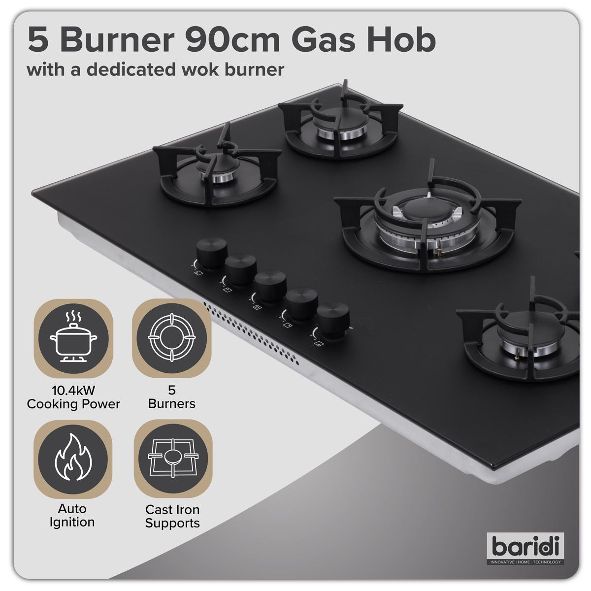Sealey Baridi 90cm Gas Hob Matt Black 5 Burners Cast Iron Supports & Auto Ignition 10.4kW DH385