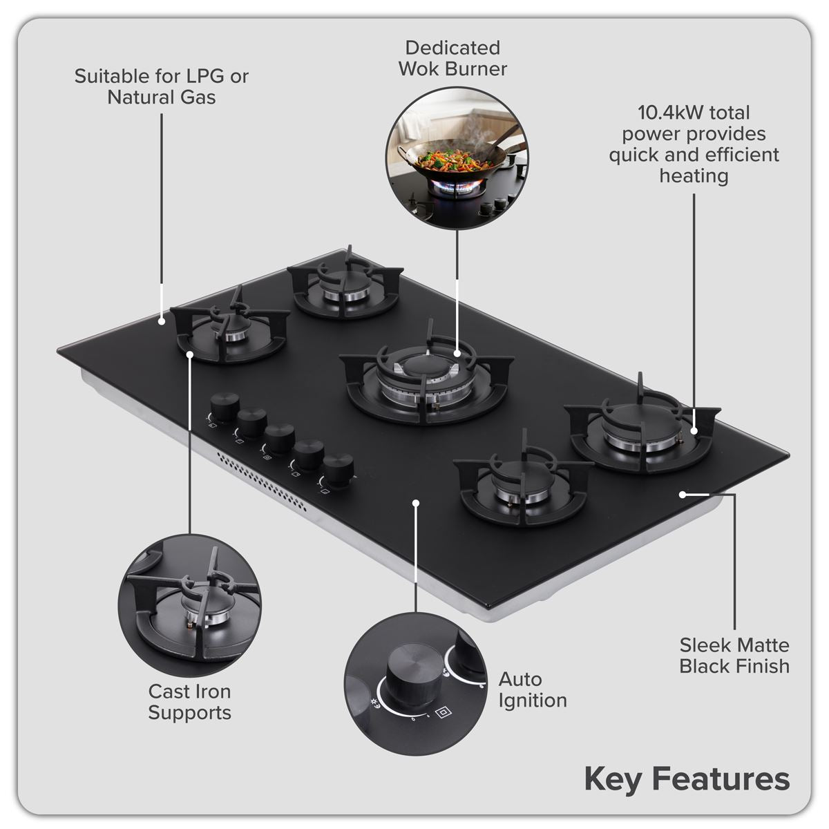 Sealey Baridi 90cm Gas Hob Matt Black 5 Burners Cast Iron Supports & Auto Ignition 10.4kW DH385