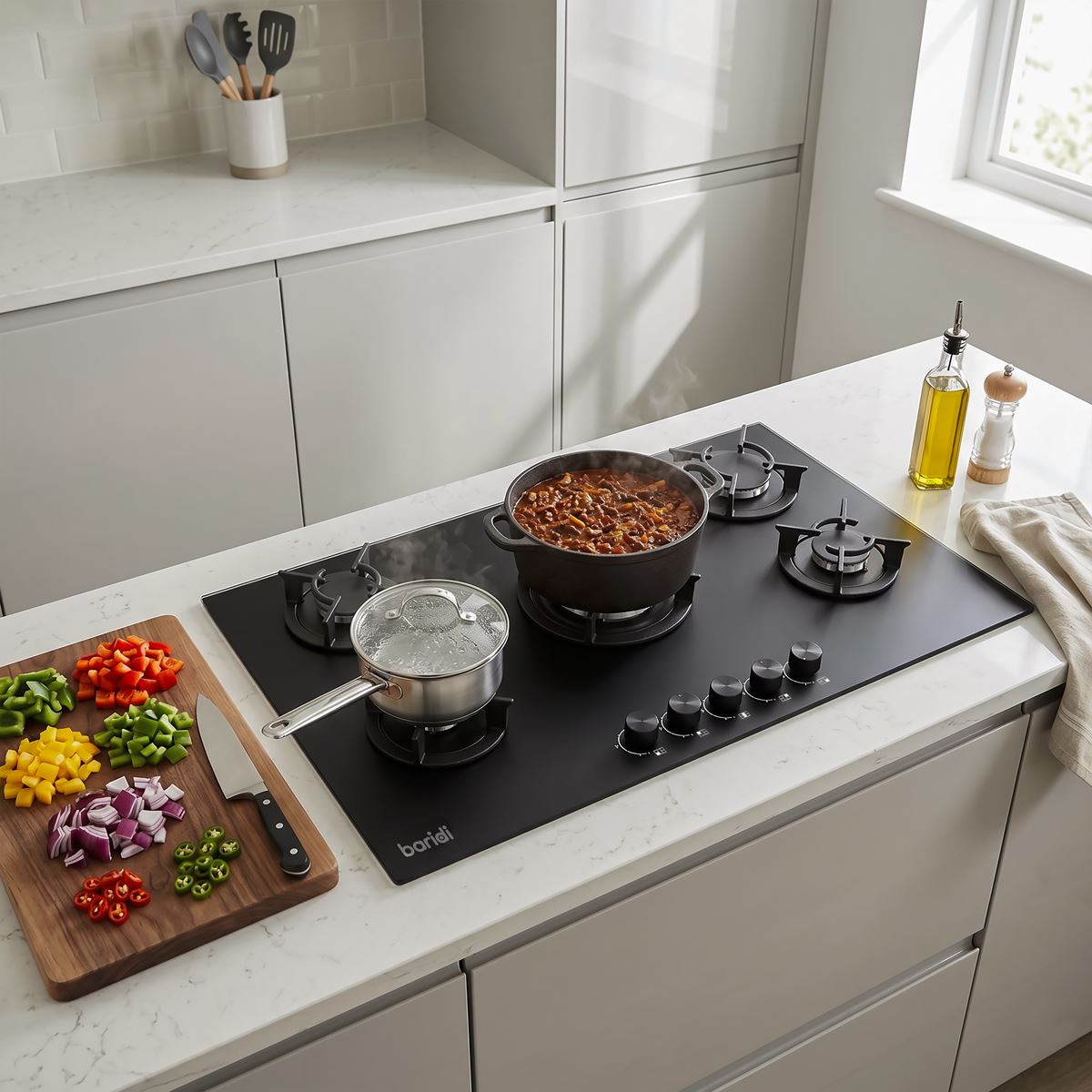 Sealey Baridi 90cm Gas Hob Matt Black 5 Burners Cast Iron Supports & Auto Ignition 10.4kW DH385
