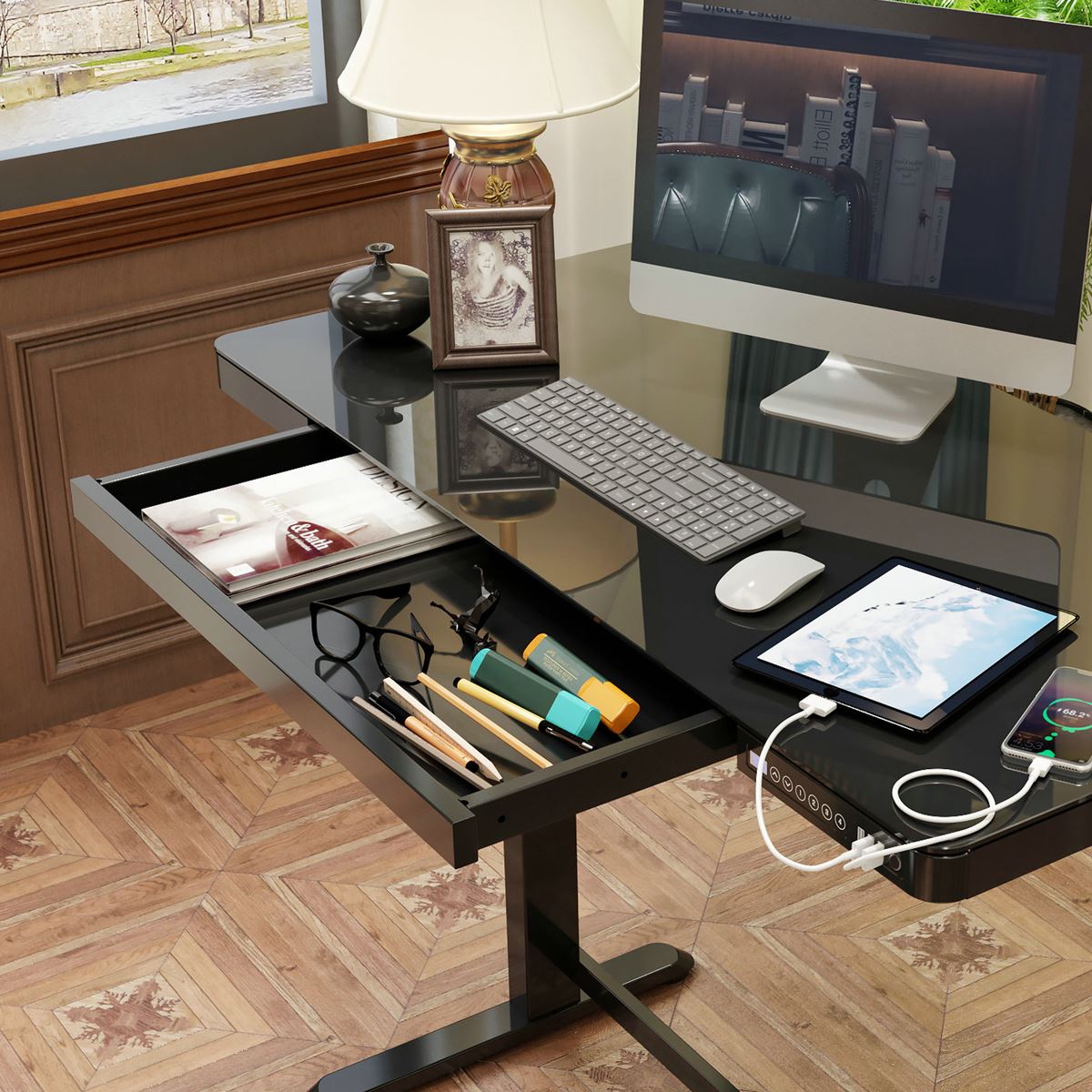 Dellonda Black Electric Adjustable Standing Desk USB & Drawer 1200 x 600mm DH53