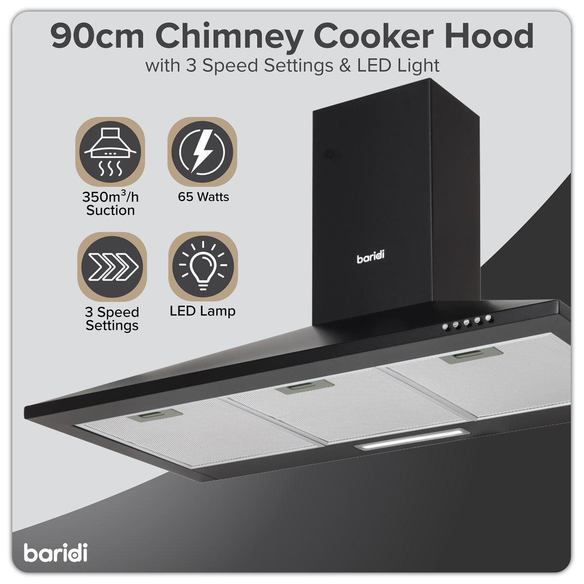 Sealey Baridi Cooker Hood Chimney Style with Carbon Filters 90cm Black DH59
