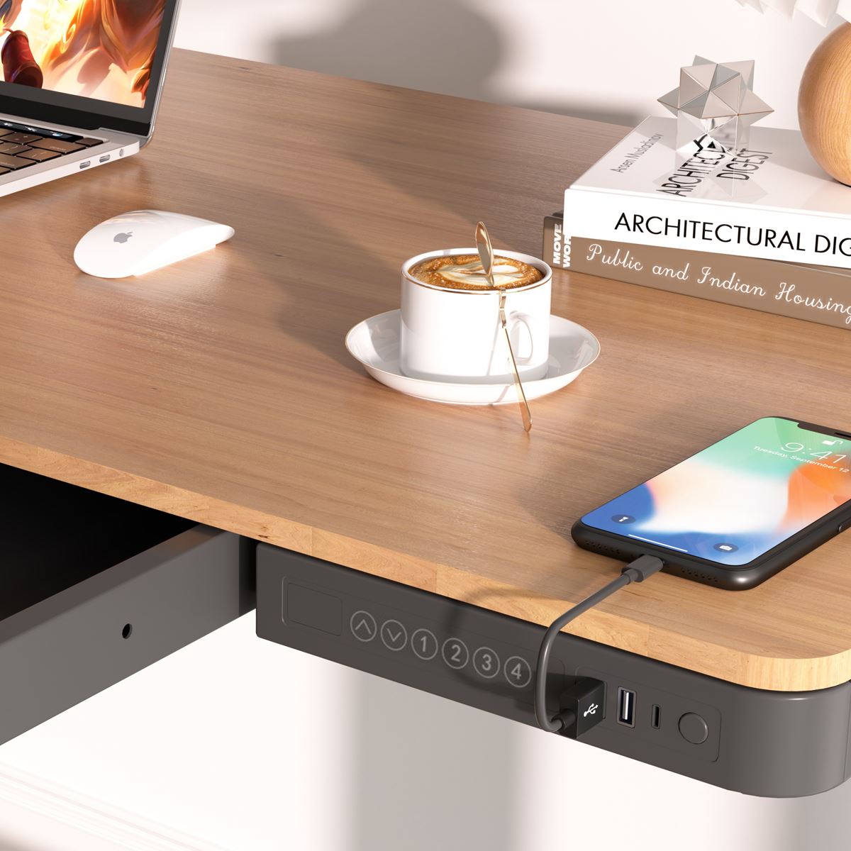 Dellonda Oak Electric Adjustable Standing Desk USB & Drawer 1200 x 600mm DH65