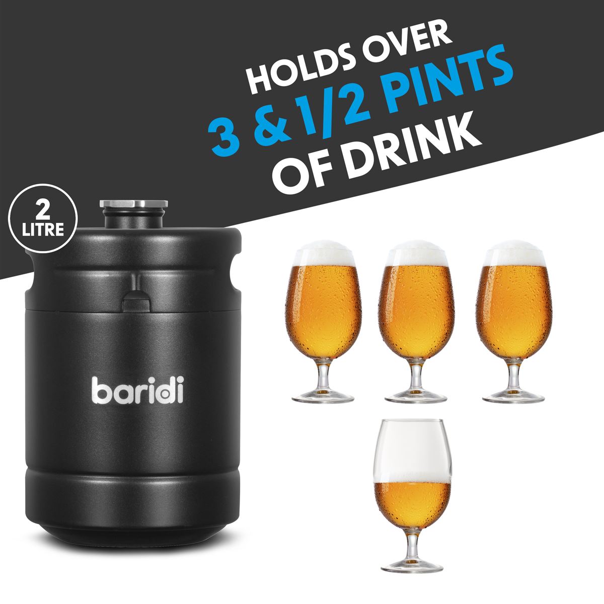 Baridi Beer Soft Drinks Growler Keg 2L Matte Black Use With CO2 Cartridges DH99