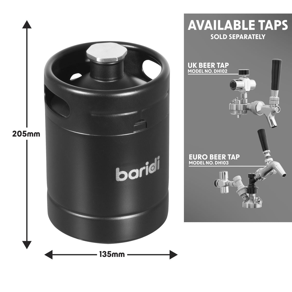 Baridi Beer Soft Drinks Growler Keg 2L Matte Black Use With CO2 Cartridges DH99